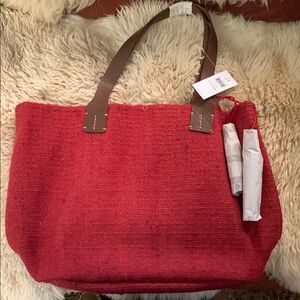J. Jill Red and Brown Tote Bag with Textured Fabric
